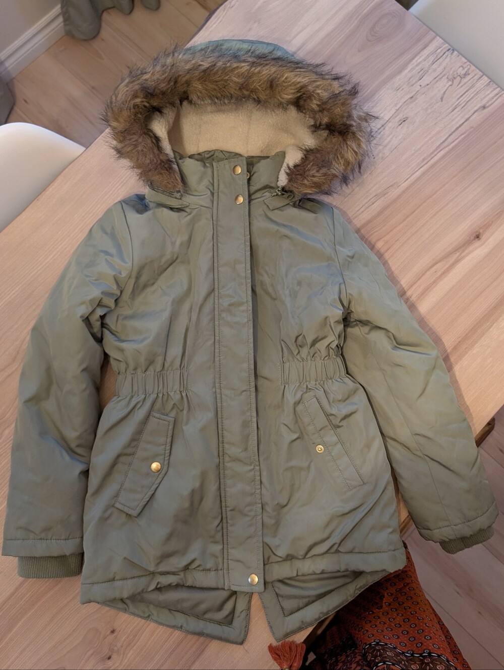 Joe Fresh Olive Green Parka with Faux Fur Hood & Gold Accent | 7-8